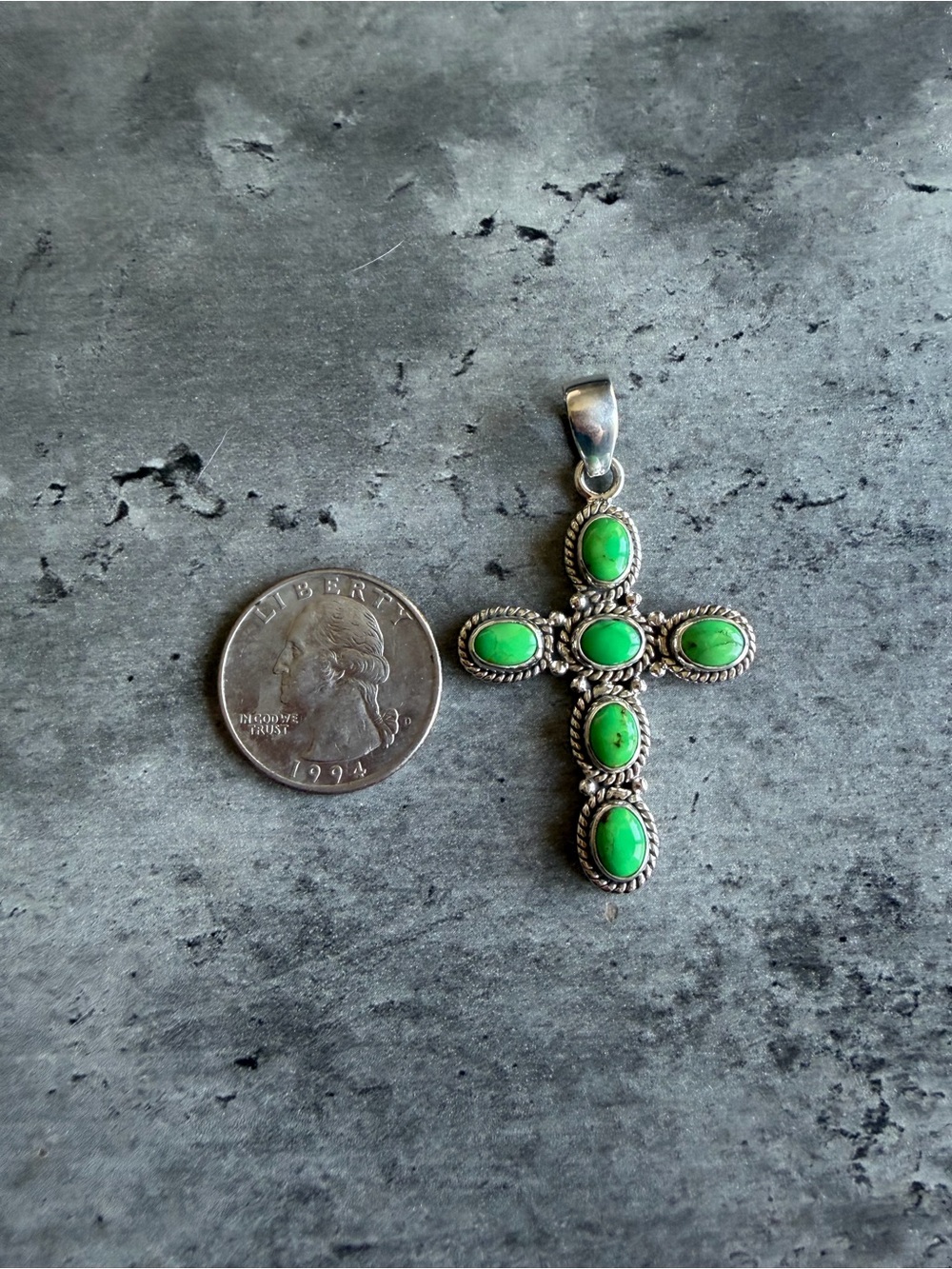 Sterling Silver Cross Pendant with Green Mojave Turquoise Stones - Picture 7 of 7